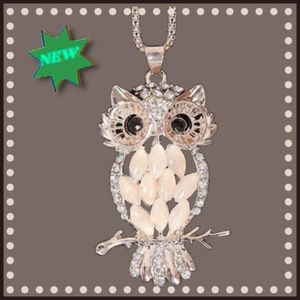 Owl Necklace Pendant - Crystals & Light Beige Faux Opal Gold Color Accen…